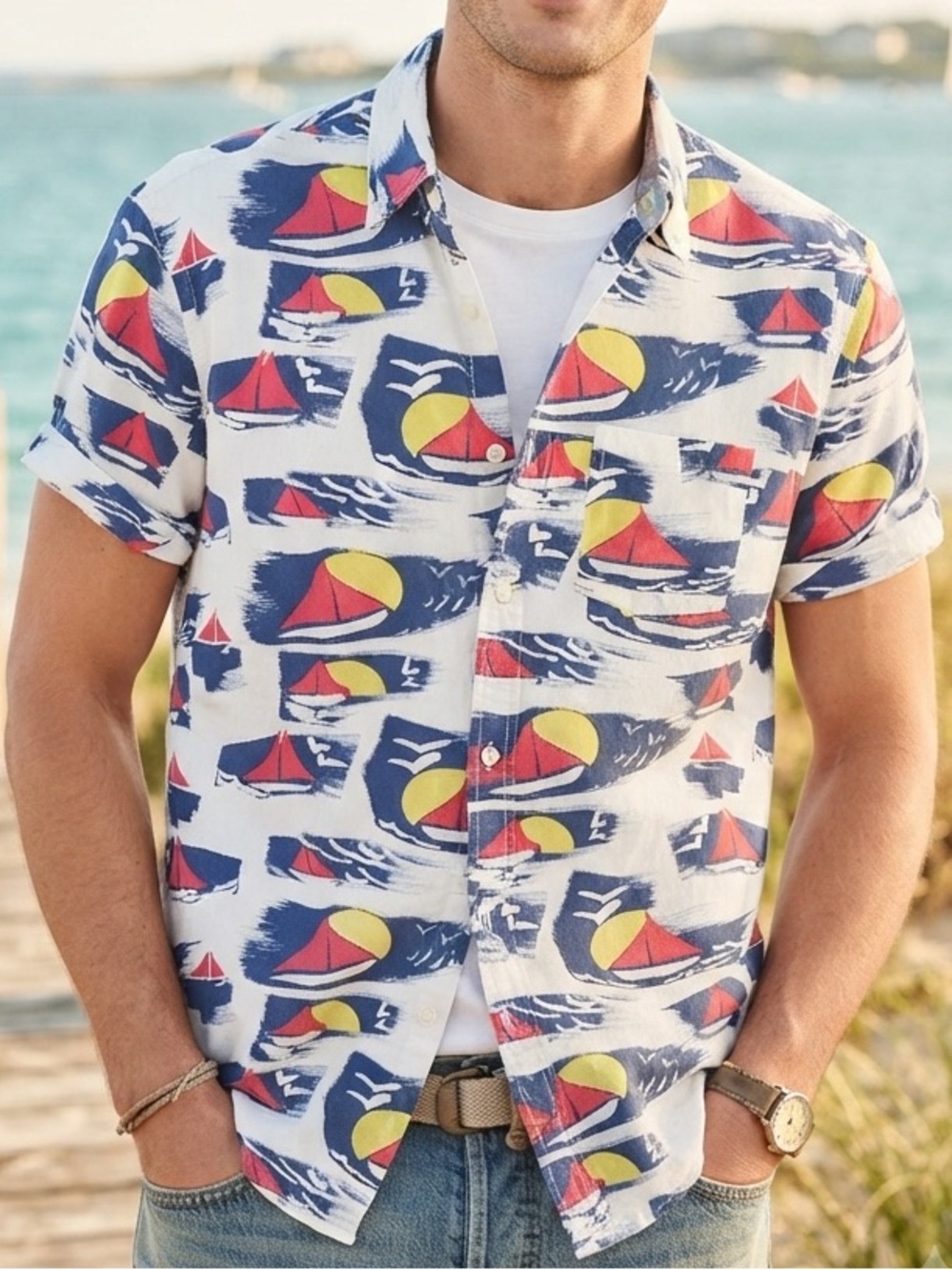 J. Crew Factory Sailboat Graphic Print Short Sleeve Button Front Shirt Nautical